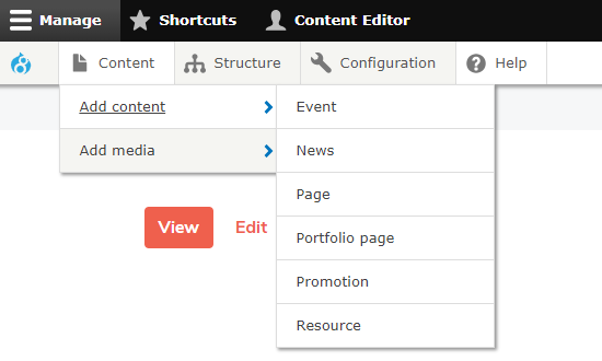 Screenshot of AdminUI toolbar -  'Add content' submenu