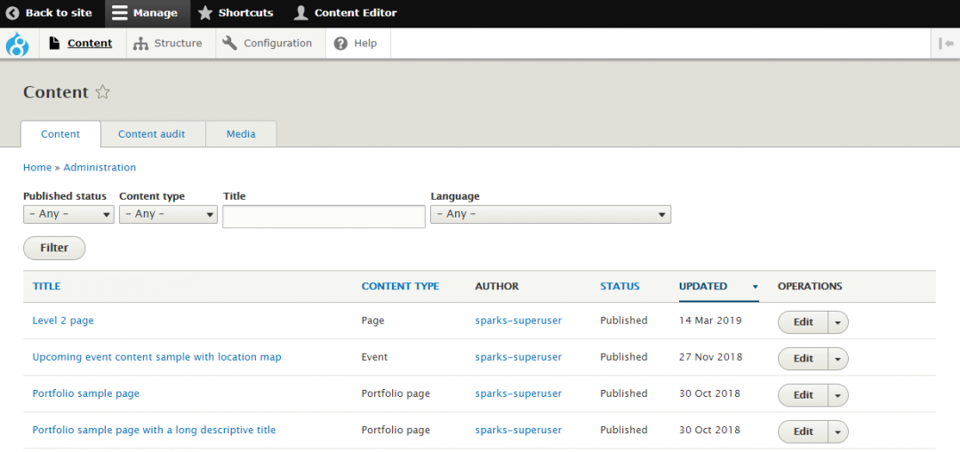 Screenshot of AdminUI backend - the Content screen