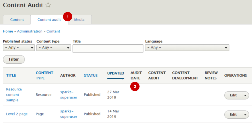 Screenshot of Content audit tab in the AdminUI (with numbered highlights)