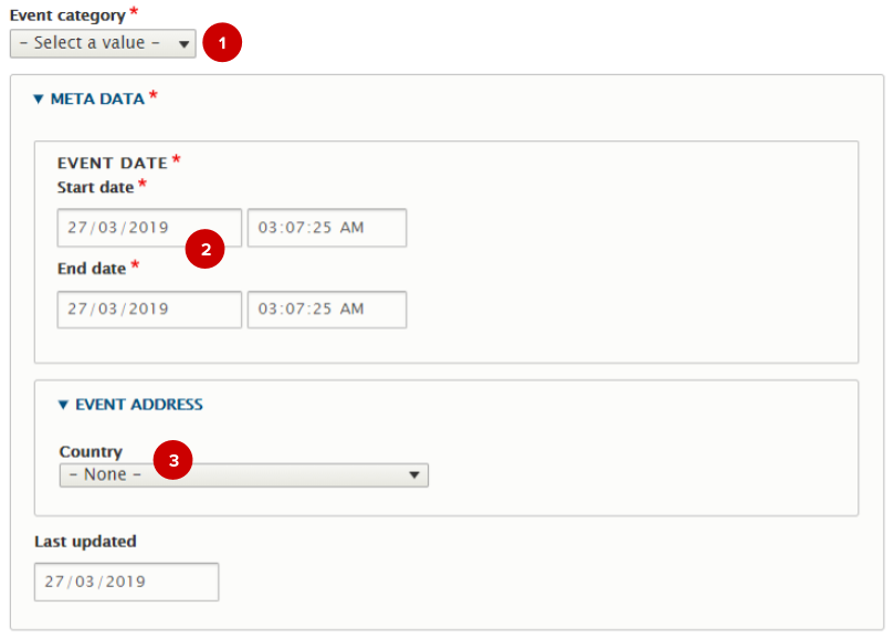 Screenshot of event node edit form with numbered highlights