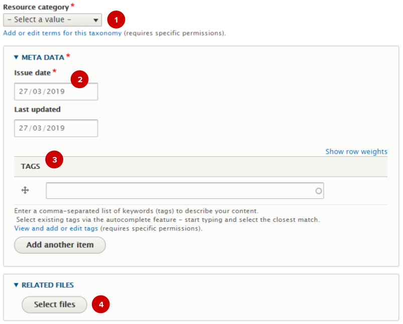 Screenshot of resource node edit form (with numbered highlights)