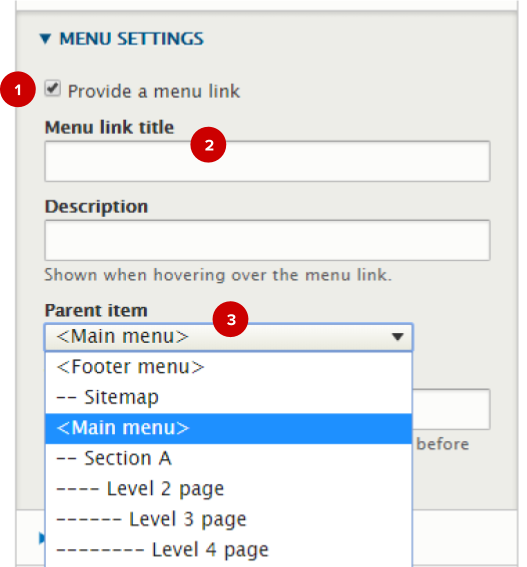 Screenshot of menu settings in a page node edit form (with numbered highlights)