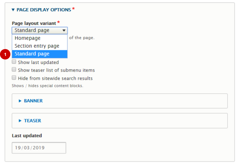 Screenshot of page layout variant in node edit form (with numbered highlights)