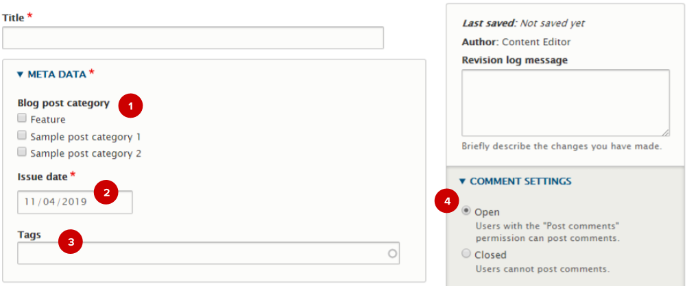 Screenshot of blog post node edit form (with numbered highlights)