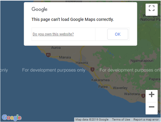 Screenshot of broken Google map with no API key