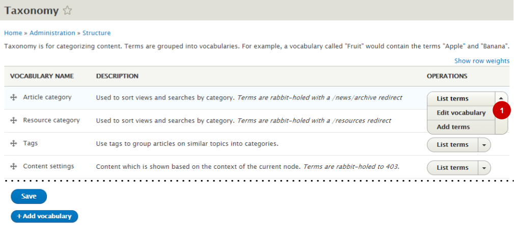 Screenshot of taxonomy screen in the backend