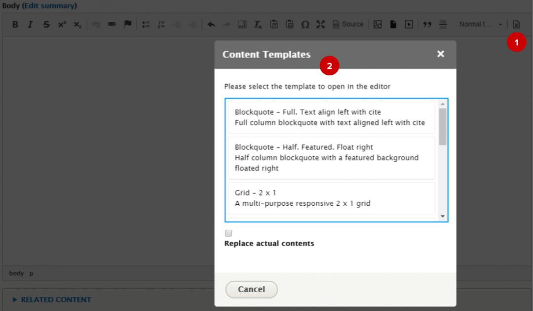 Screenshot of templates in WYSIWYG editor