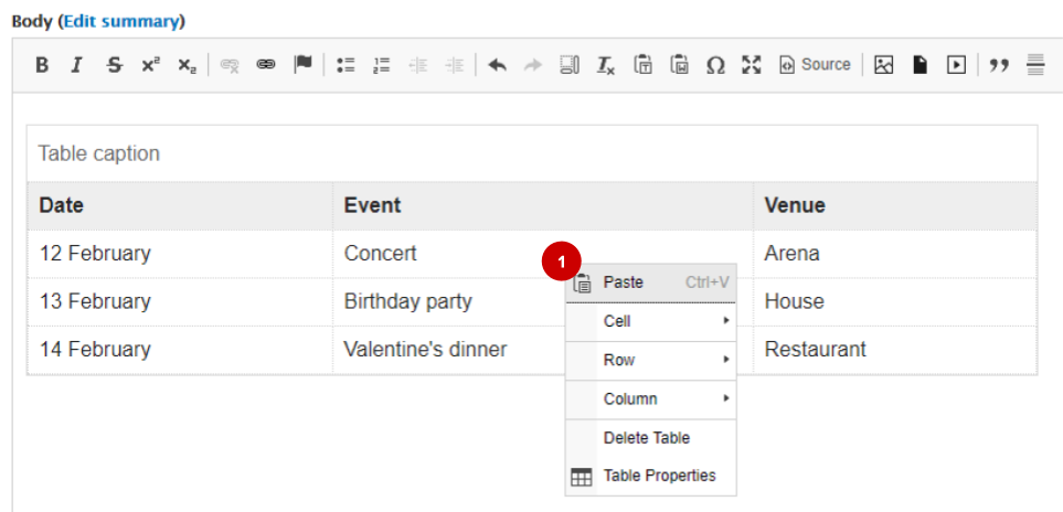 Screenshot of WYSIWYG table template with numbered highlights