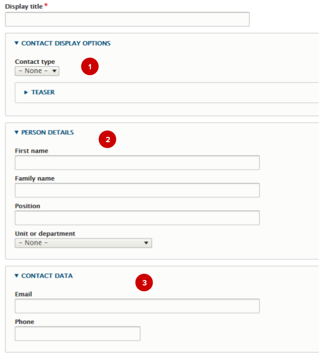 Screenshot of contact node edit form