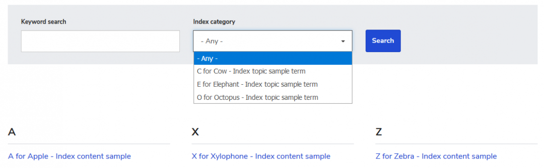 Screenshot of Index A-Z by Title (from the Sector demo)