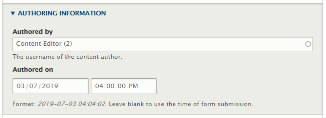 Screenshot of authoring information