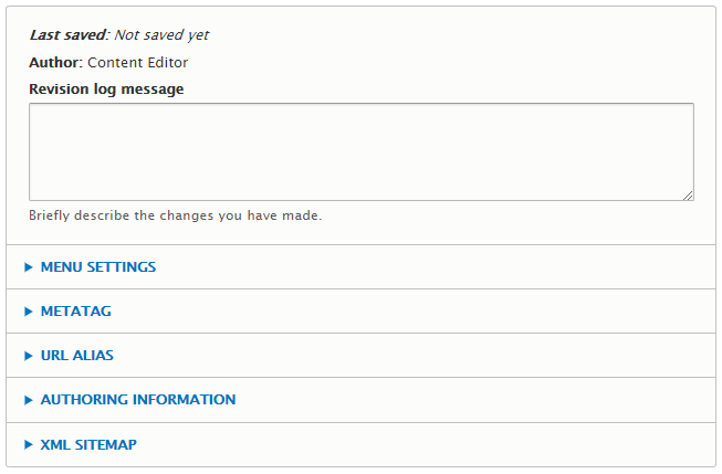 Screenshot of standard node settings for a page node