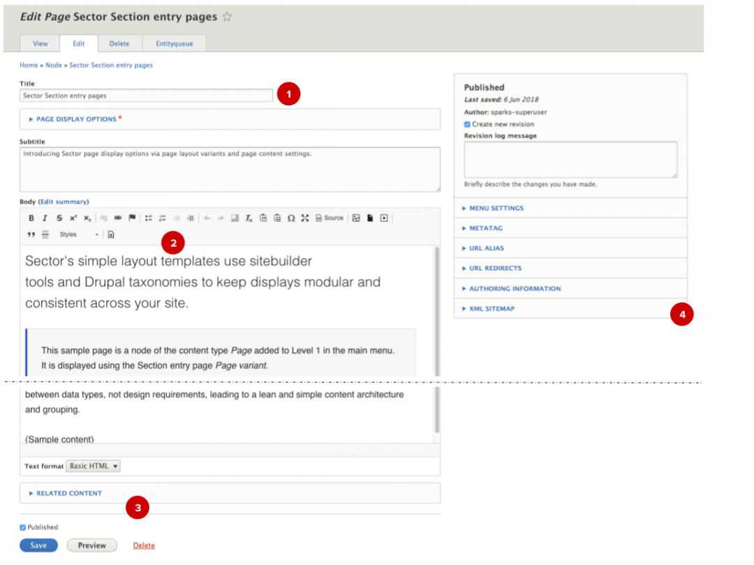 Administration Interface Screenshot with numbered highlights