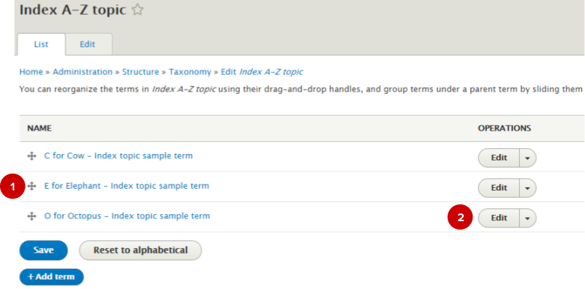 Screenshot of list terms screen for taxonomies