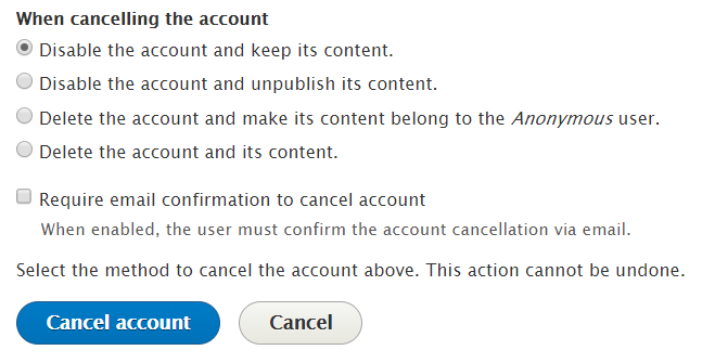 Screenshot of account cancel screen