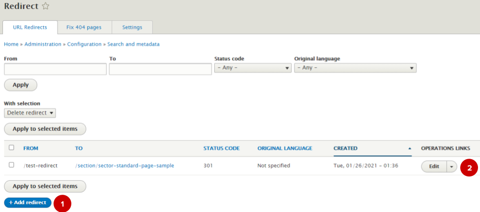 Screenshot - ‘Redirect’ section of the AdminUI backend