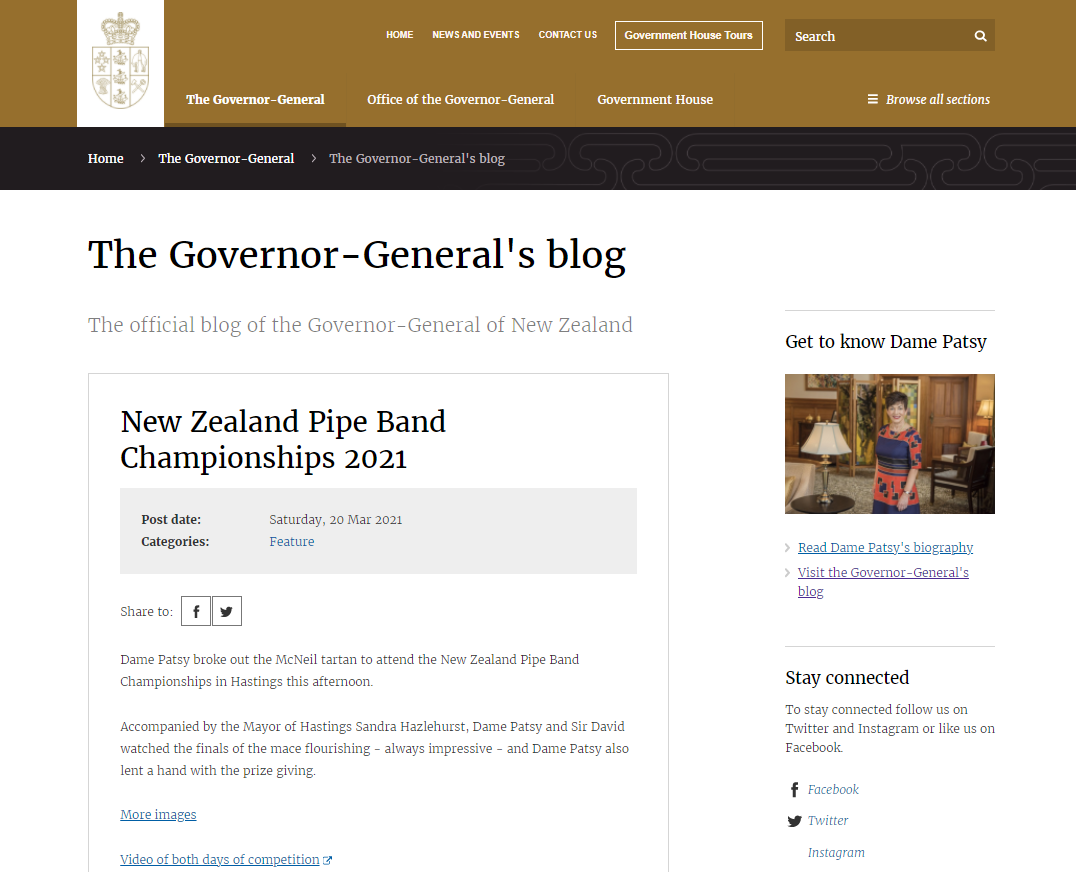 Screenshot of the Governor General website's blog