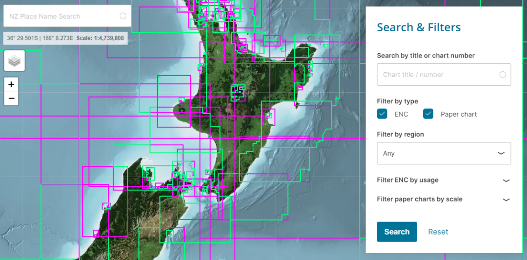 Screenshot of maps solution on LINZ Charts website