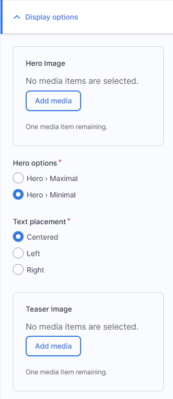 Screenshot of hero and teaser image fields
