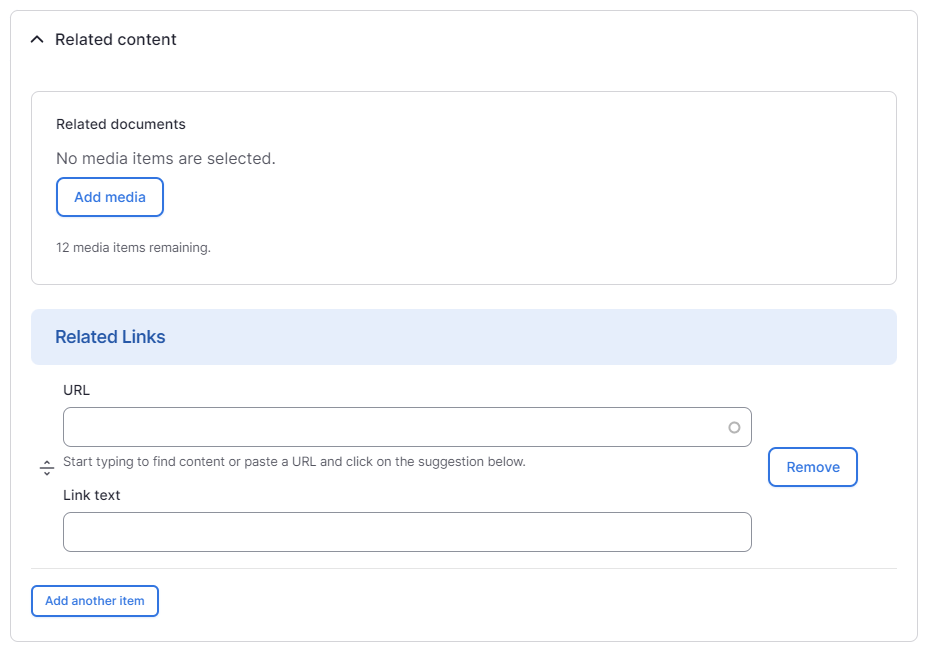 Screenshot of related content fields