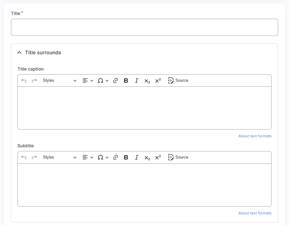 Screenshot of title and title surrounds fields for a page node